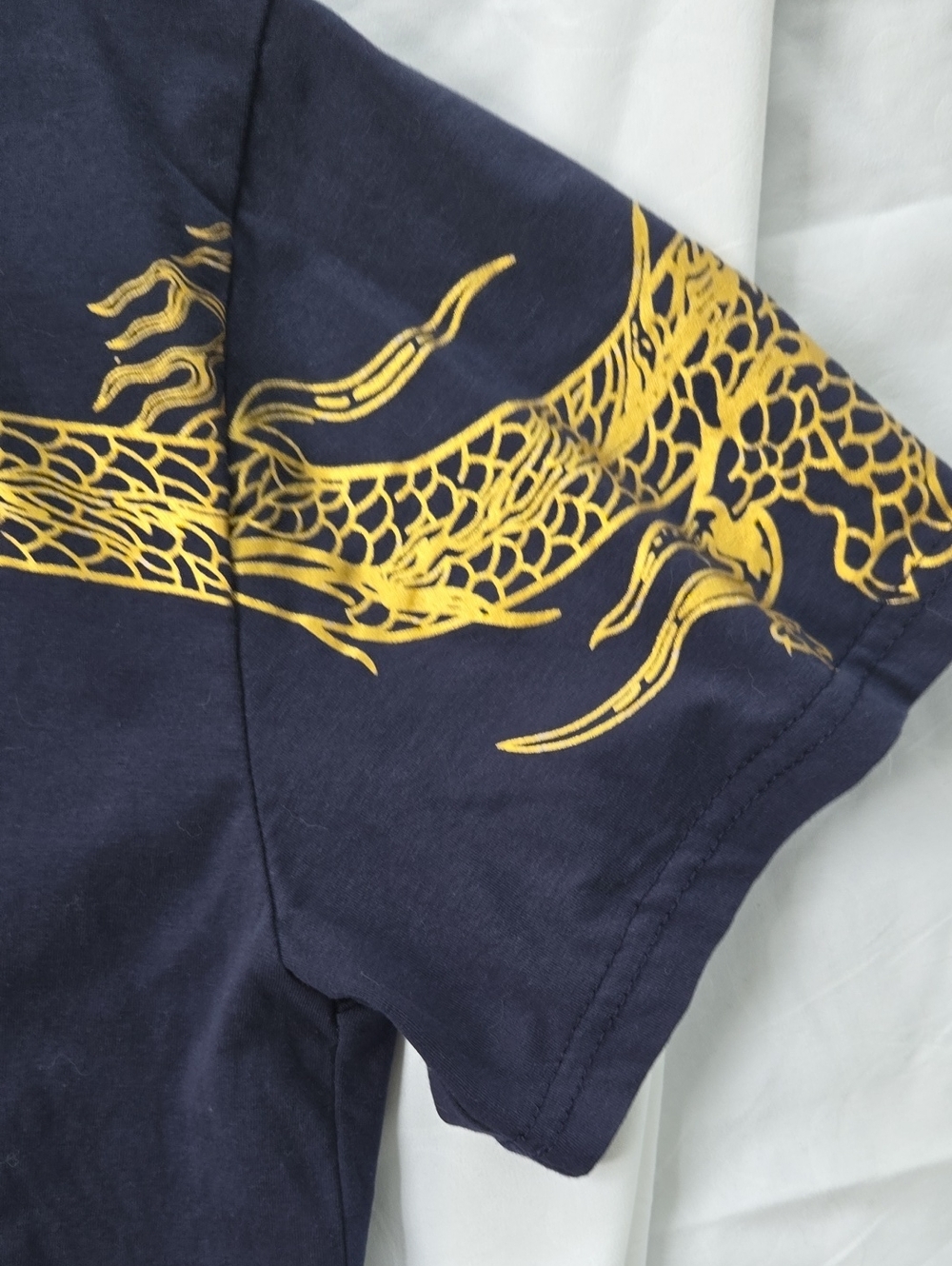 Men's Unisex Tshirt Navy Blue 2 Gold Dragons On Front And A Bit On Back Size M. - Picture 7 of 11